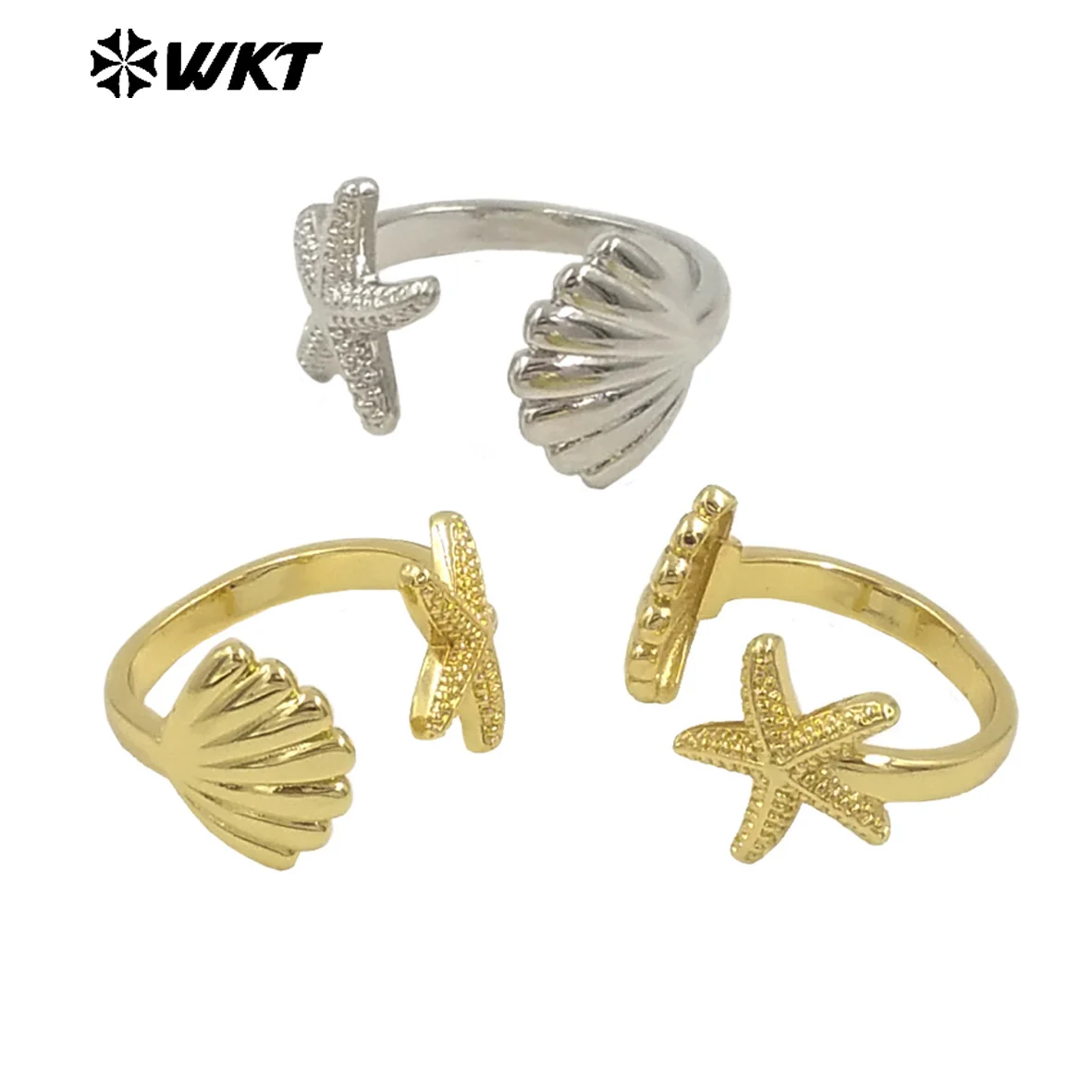 WT-R554 Amazing Fashion Gold Plated Ocean Style Scallop and Sea Star Design Women Rings In Open Size