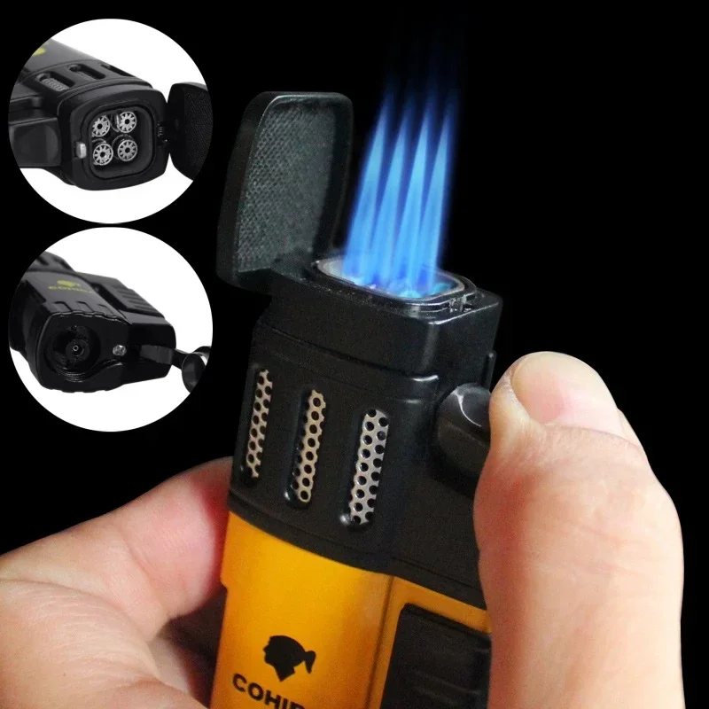 COHIBA Cigar Four Hole Blue Flame Direct Spray Windproof Inflatable Lighter with Visual Window Portable Men\'sSmoking Accessories