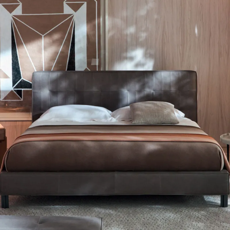 

#% Bed Double 1.8m Top Layer Cowhide Genuine Leather Italian Minimalist Light Luxury Modern High-end For Bedroom F228#