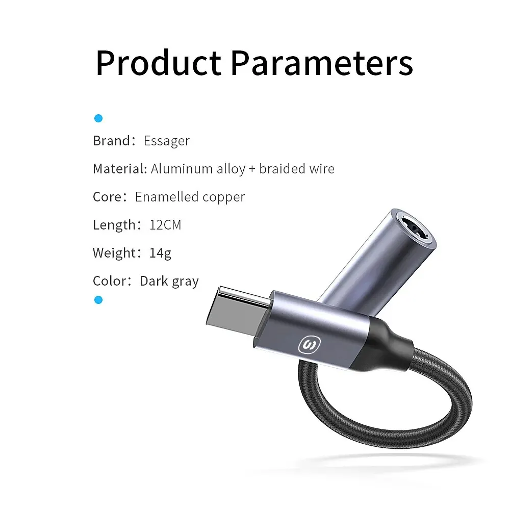 Essager USB C타입 3.5 잭 이어폰 어댑터, USB C-3.5mm 헤드폰 AUX 오디오 어댑터 케이블, 화웨이 P30 샤오미 미 10 9 Es