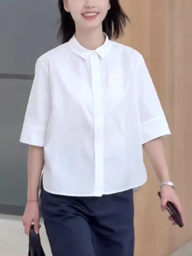 

Белый повседневный свободный ort Sve irt женский воротник для поездок на работу, летнее новое поступление, универсальный, дышащий, удобный