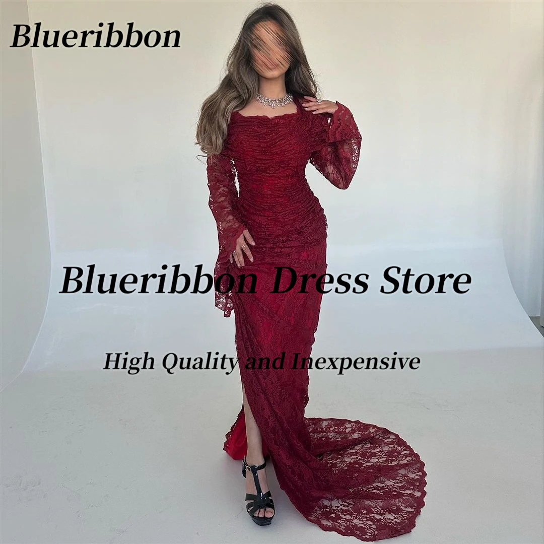 

Blueribbon Burgundy Lace Side Slit Vestidos Prom Dresses 2024 Long Sleeves Dubai Party Saudi Arabia Women Wear Evening Gowns