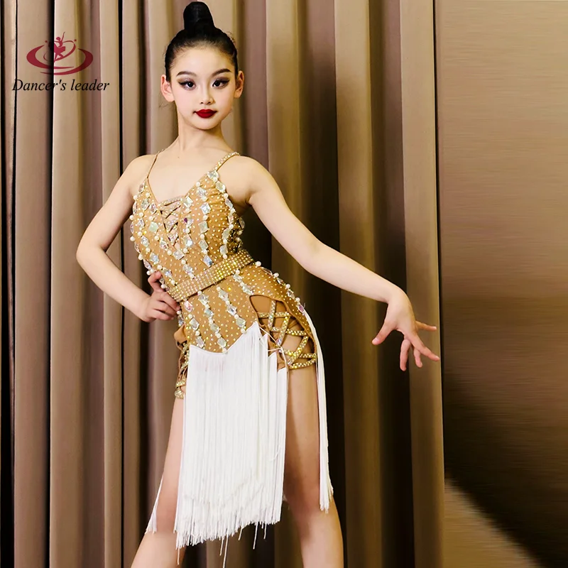 ラテンダンスダイヤモンド女性のプロフェッショナルフラワードレススプライシングタッセルスカートサンバ子供女の子パフォーマンスドレス