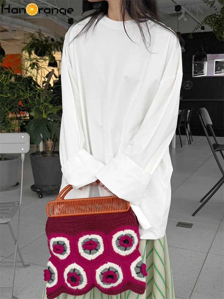 

HanOrange 2025 Spring Retro Simple Long Sleeve T-shirt Women Loose Silhouette Tees Top White/Black/Grass Green/Rose Red
