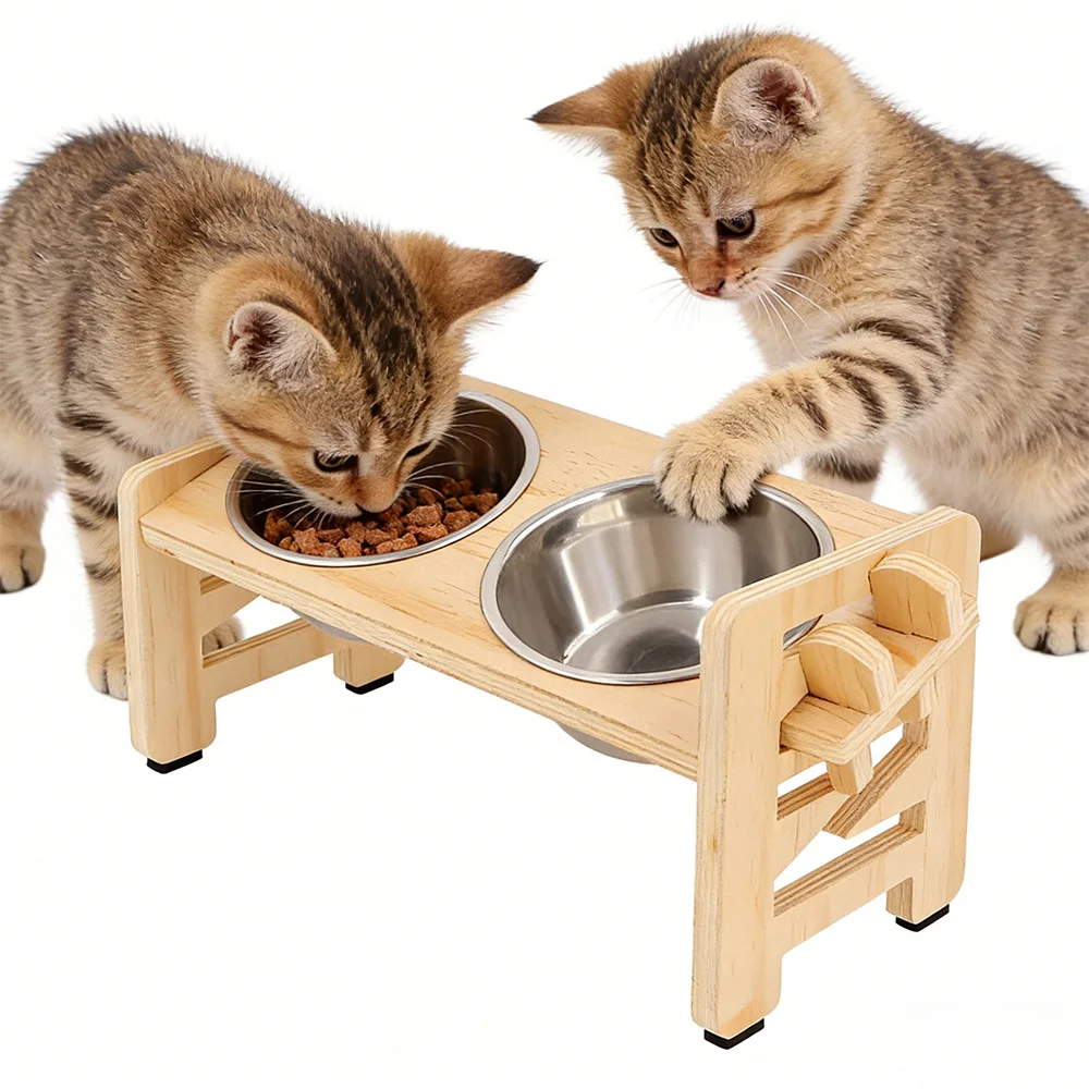 

Регулируемая подставка для кошачьих мисок с двумя мисками из нержавеющей стали Деревянная приподнятая кормушка для кошек и воды для котят и кошек