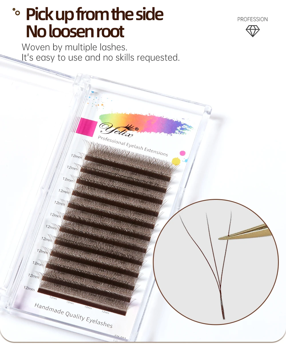 Yelix 4D-W Schwarz-Braun Kleeblatt-Stil Vorgefertigte Volumen-Wimpernverlängerungen Natürliche Einzelwimpern-Pinsel Premium Wimpernverlängerungszubehör – Detail 3