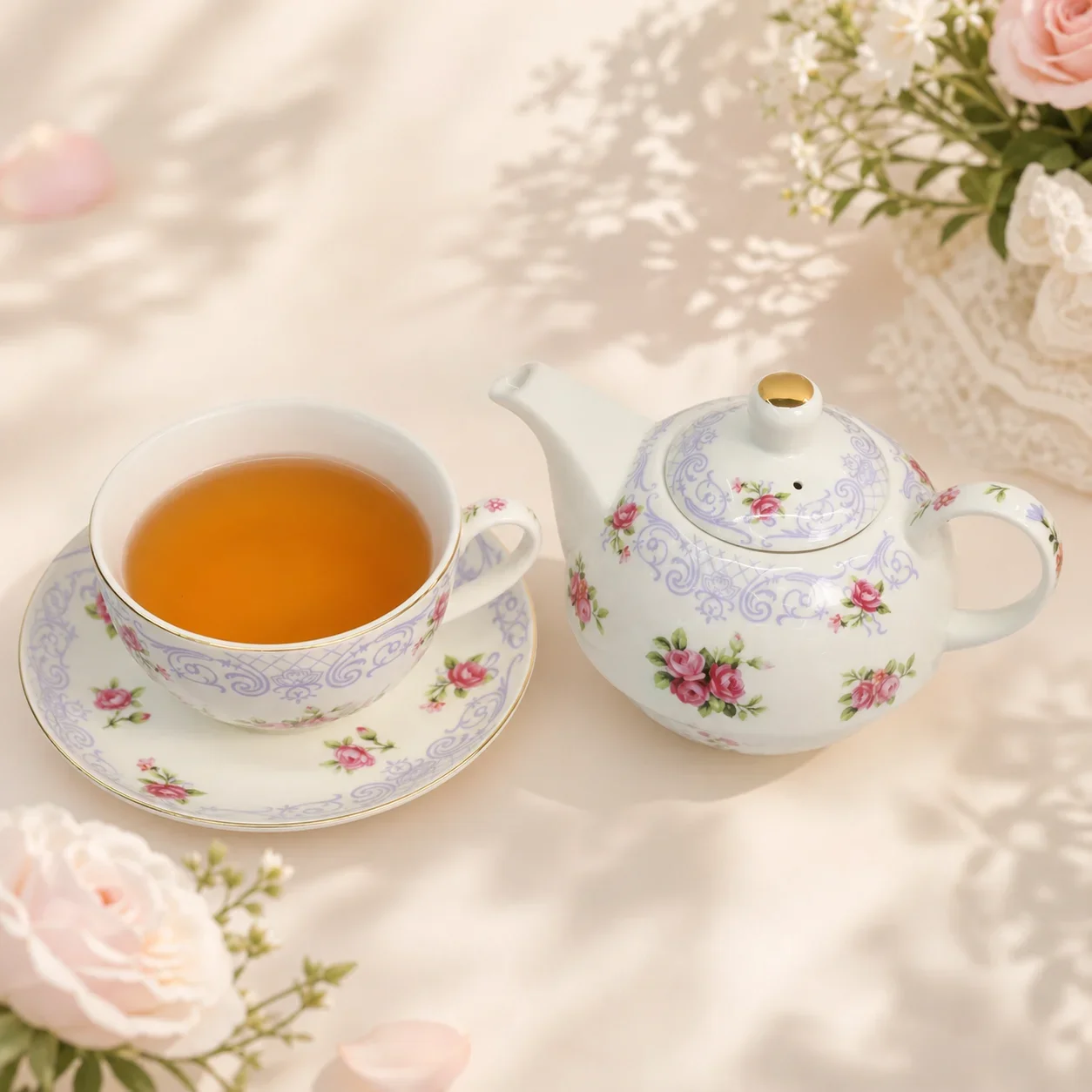 1 Set European Rose Ceramic Mother and Child Pot Set, Single Person Tea Pot, Tea Cup and Saucer, Afternoon Tea Set Gift Box