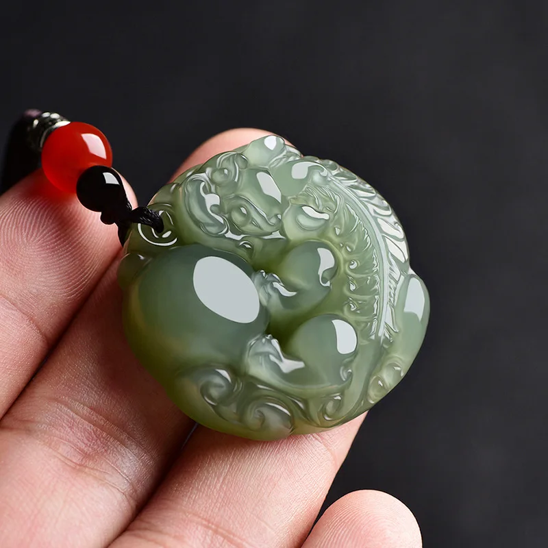 

Jia Le/ 100% Hand Carved Natural He Tian Jade Holding The Ball Pixiu Necklace Pendant Fashion Personalized Men Women Couple Gift