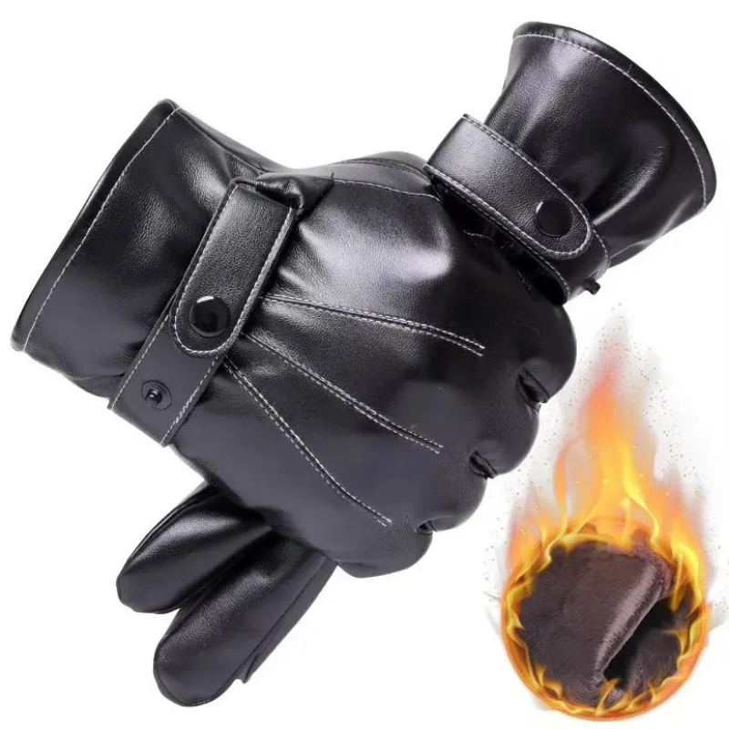 Men's PU Leather Gloves Winter Autumn Fleece Linings Cashmere Warm Sports Male Driving Mittens Waterproof Tactical Glove Guantes