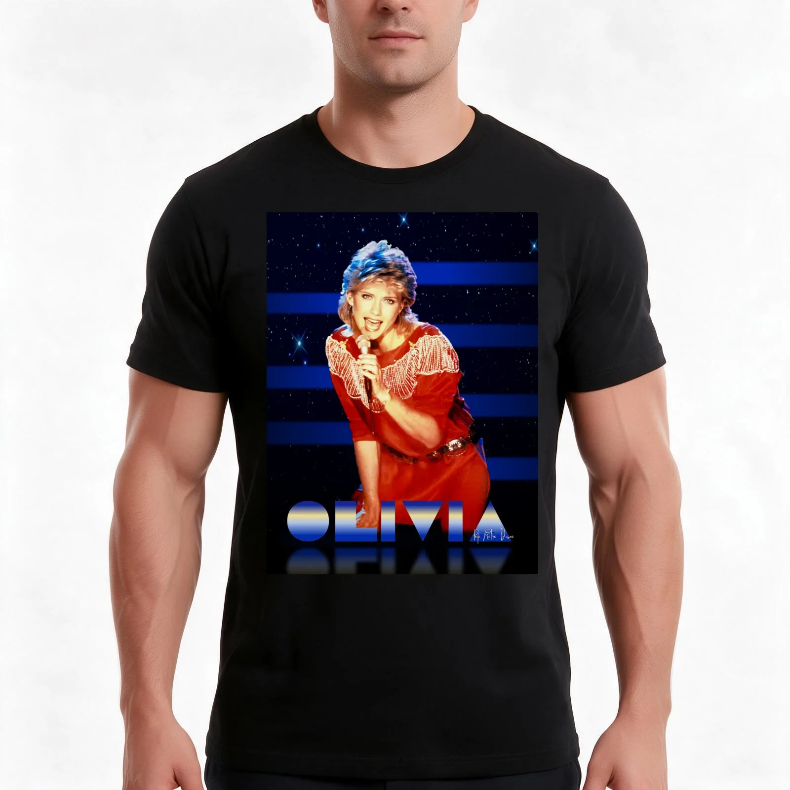 Olivia Newton-John Number One in the 1980s Designed by PopRetroDisco T-Shirt Summer Casual Cotton Tee Vintage Graphic Print