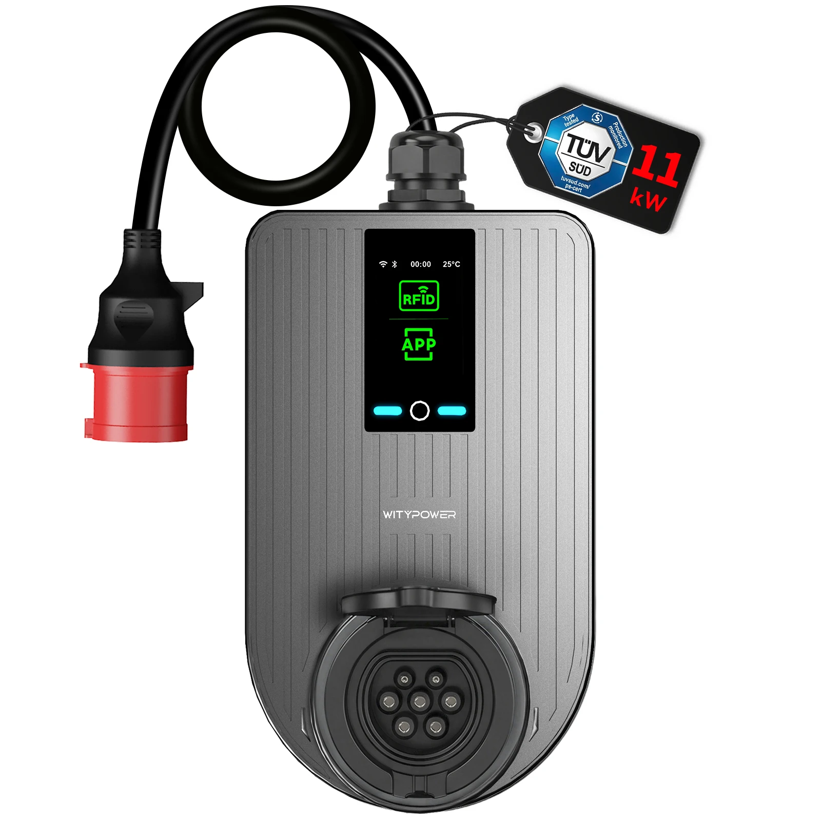 Ładowarka do samochodów elektrycznych WityPower, typ 2, 11 kW, 22 kW, trójfazowa, przenośna i montowana na ścianie, wersja z gniazdem, stacja do ładowania samochodów elektrycznych z aplikacją WiFi, — 2