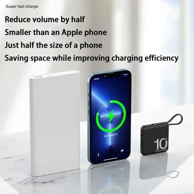 Mini Power Bank Built-in Cord Portable Micro Compact Power Bank 10000mAh Fast Charging External Battery Mobile Phone Accessories