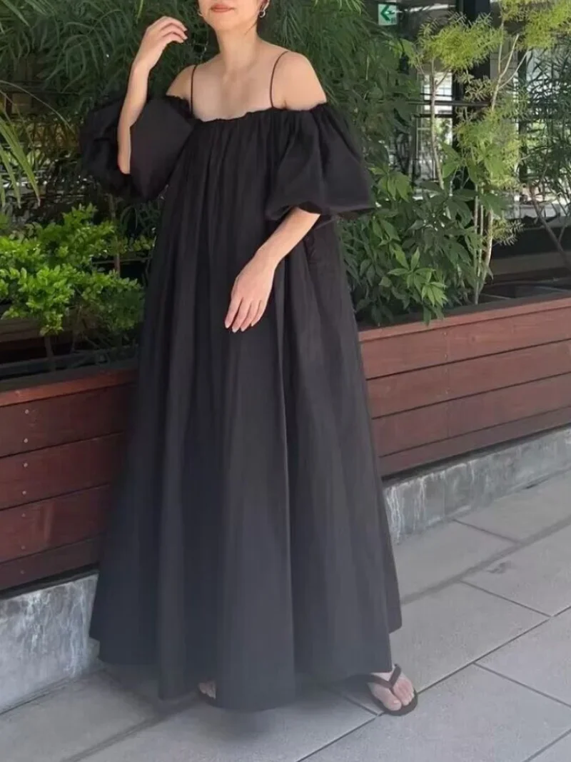 Feminino Slash Neck Off Shulder Dress Puff Sleeve Vestidos Mujer Summer Thin Straps Dresses Women Summer 2024 New Robe Femme