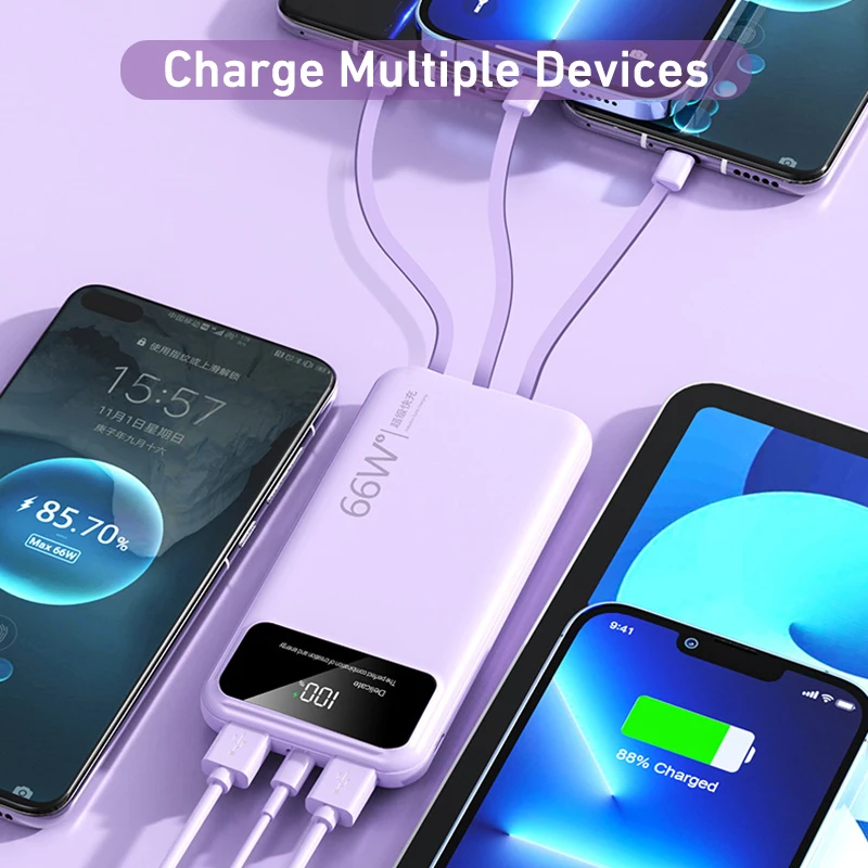 

Power Bank 30000 мАч для Xiaomi iPhone Samsung 66 Вт, сверхбыстрая зарядка для 22,5 Вт, встроенный 4 кабеля, портативный цифровой внешний аккумулятор