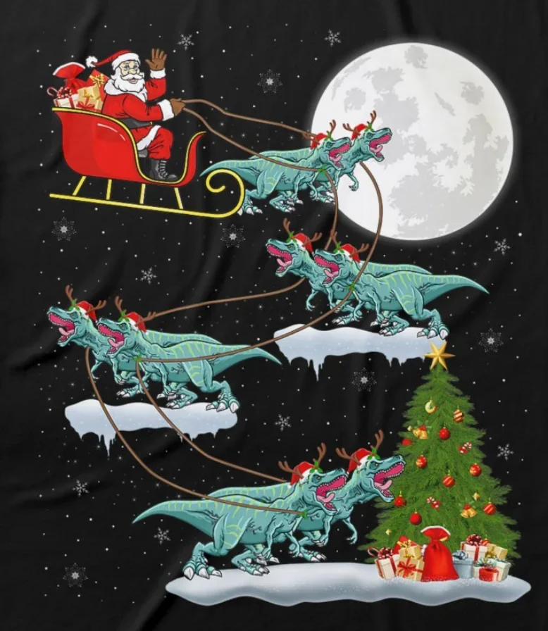 

Santa Riding Tyrannosaurus Sleigh Dinosaur Christmas Gift T-Shirt 100% Cotton O-Neck Short Sleeve Casual Mens T-shirt Size S-3XL