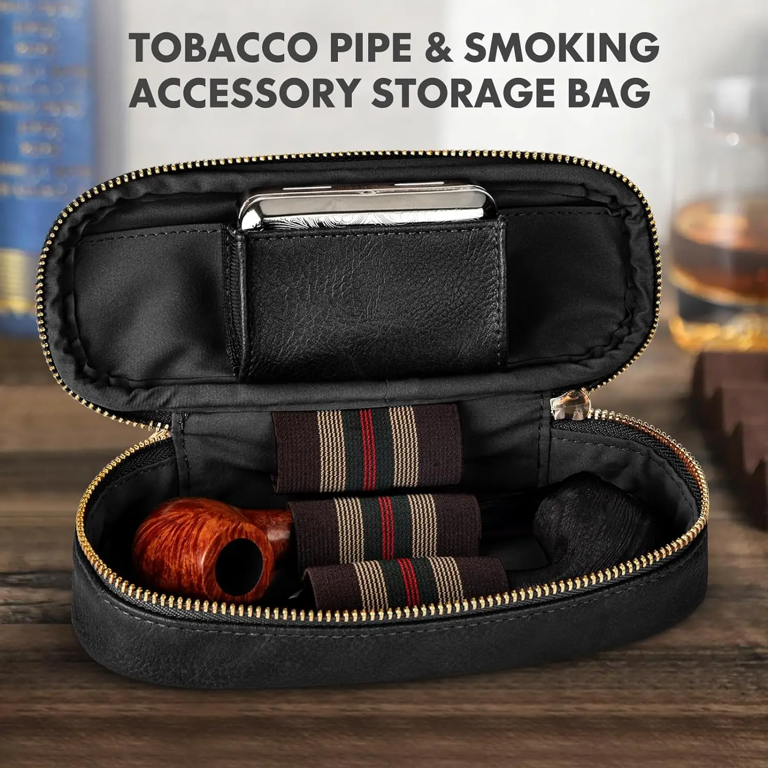 Tesonway-PU Leather Pipe Pouch, Pipe Case, Bag for 2 Pipes and Pipe Cleaners Screens Tamper, Smoking Pipe Accessories