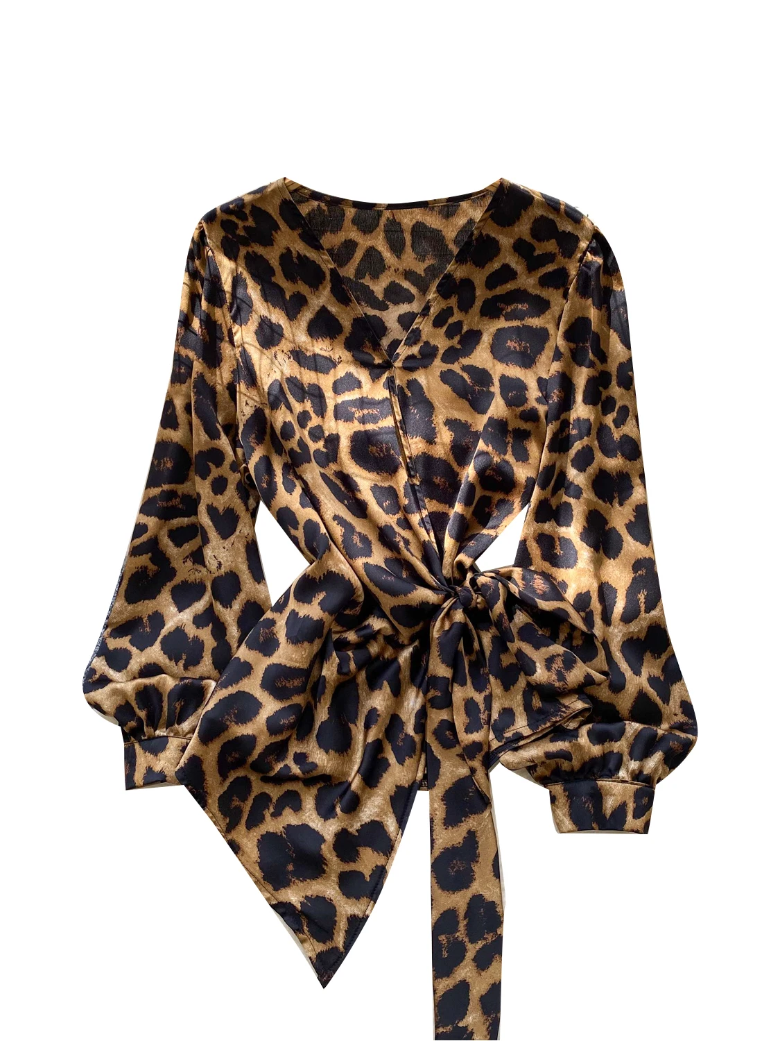 Cross-Band Waist-Cinching Lantern Sve Leopard Print irt Trendy Asymmetrical Design Loose Fit Polyester Fiber Women's irt