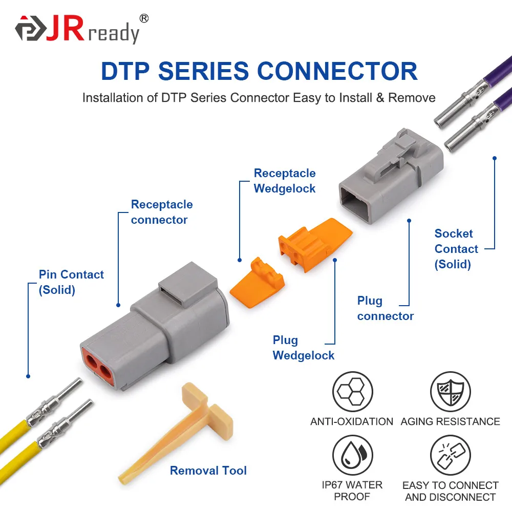 JRready ST6335 DTP Connector Kit, 2 Pin, 4 Pin Waterproof Electrical Connector with Size 12 Solid Contacts Pin Sockets, Current