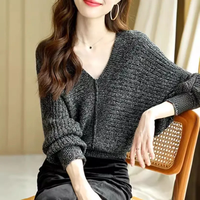 

Female Winter V Neck Knitted Sweater Women Solid Batwing Long Sleeve Pullover Autumn Casual Vintage Jumper Knitwear Harajuku