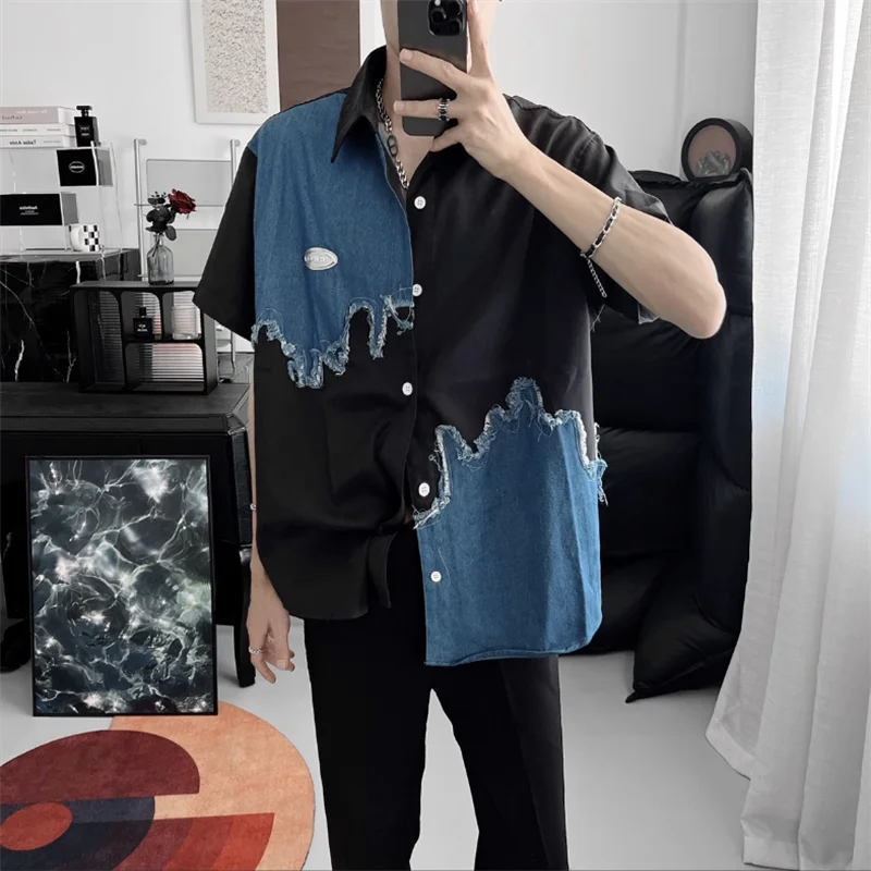 Denim blue splicing short-sleeved shirt men fake two loose shirt design trend top