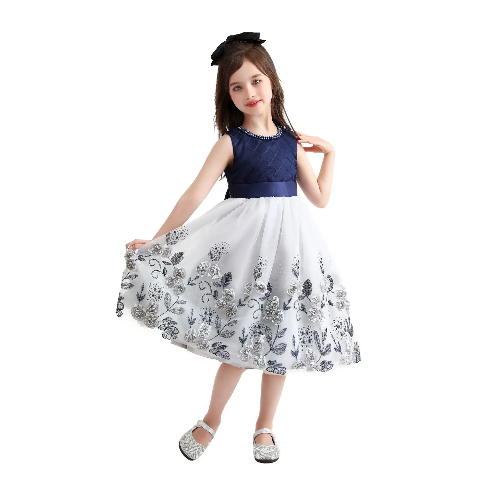 HETISO Blue Beading Collar Sequined Flower Tulle Ribbon Plaid Sleeveless Baby Girl Dress Girls Summer Clothes robe princesse