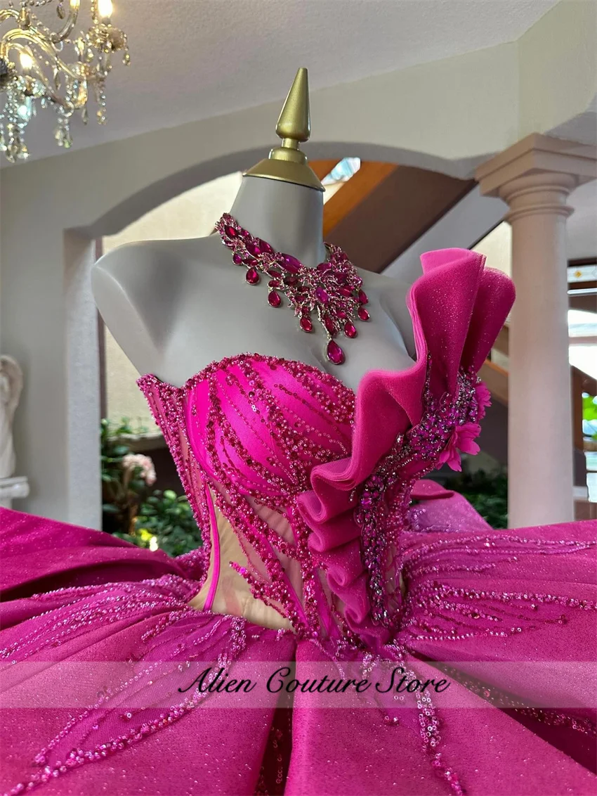 

Hot Pink Quinceanera Dresses Ball Gown With Bow Off Beading Crystal Tiered Tull Party Birthday Sweet 16 Dress Vestidos Customiz