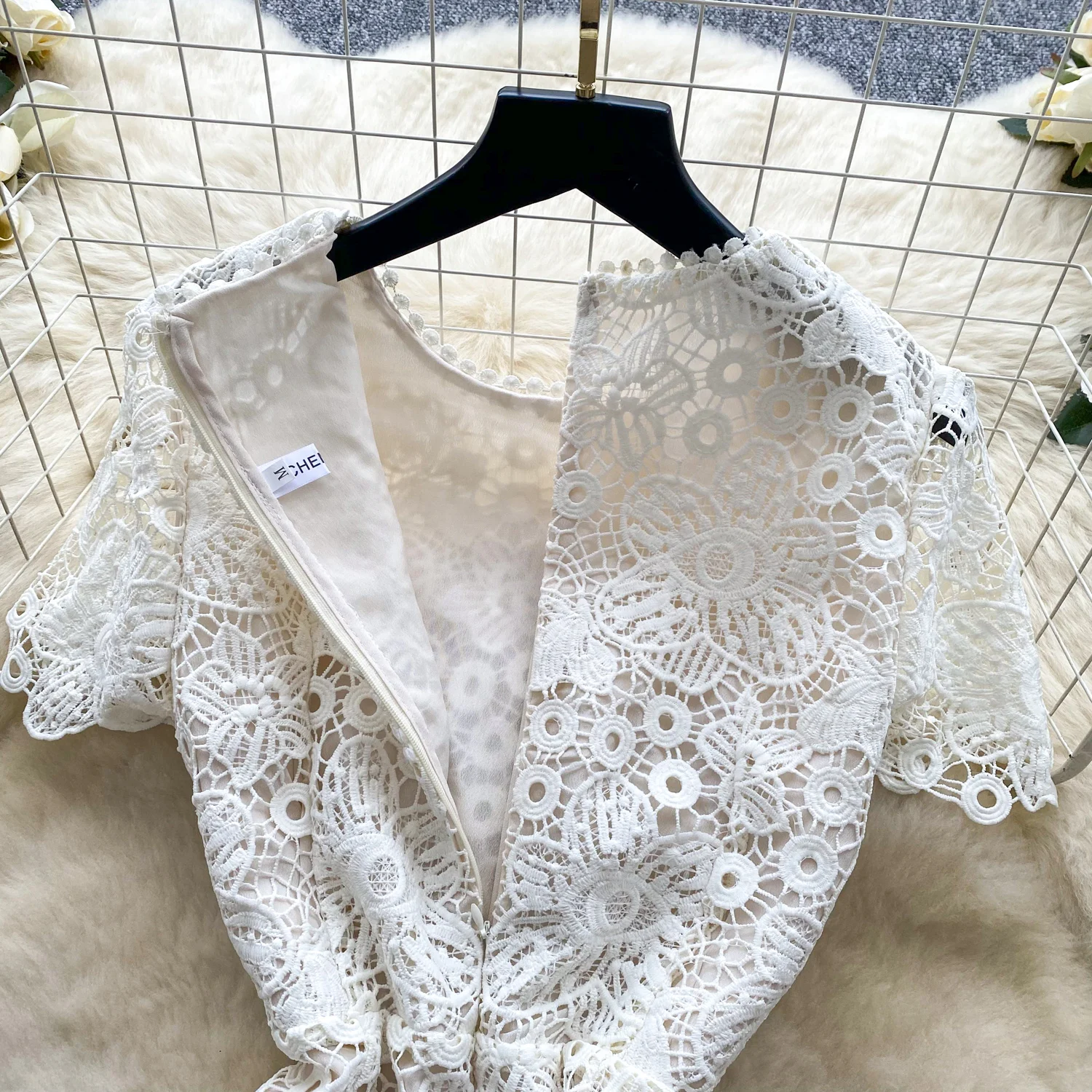 Abito a sirena a maniche corte in pizzo cavo vintage sexy sottile con gancio sottile Abiti estivi chic Abiti da donna per le vacanze