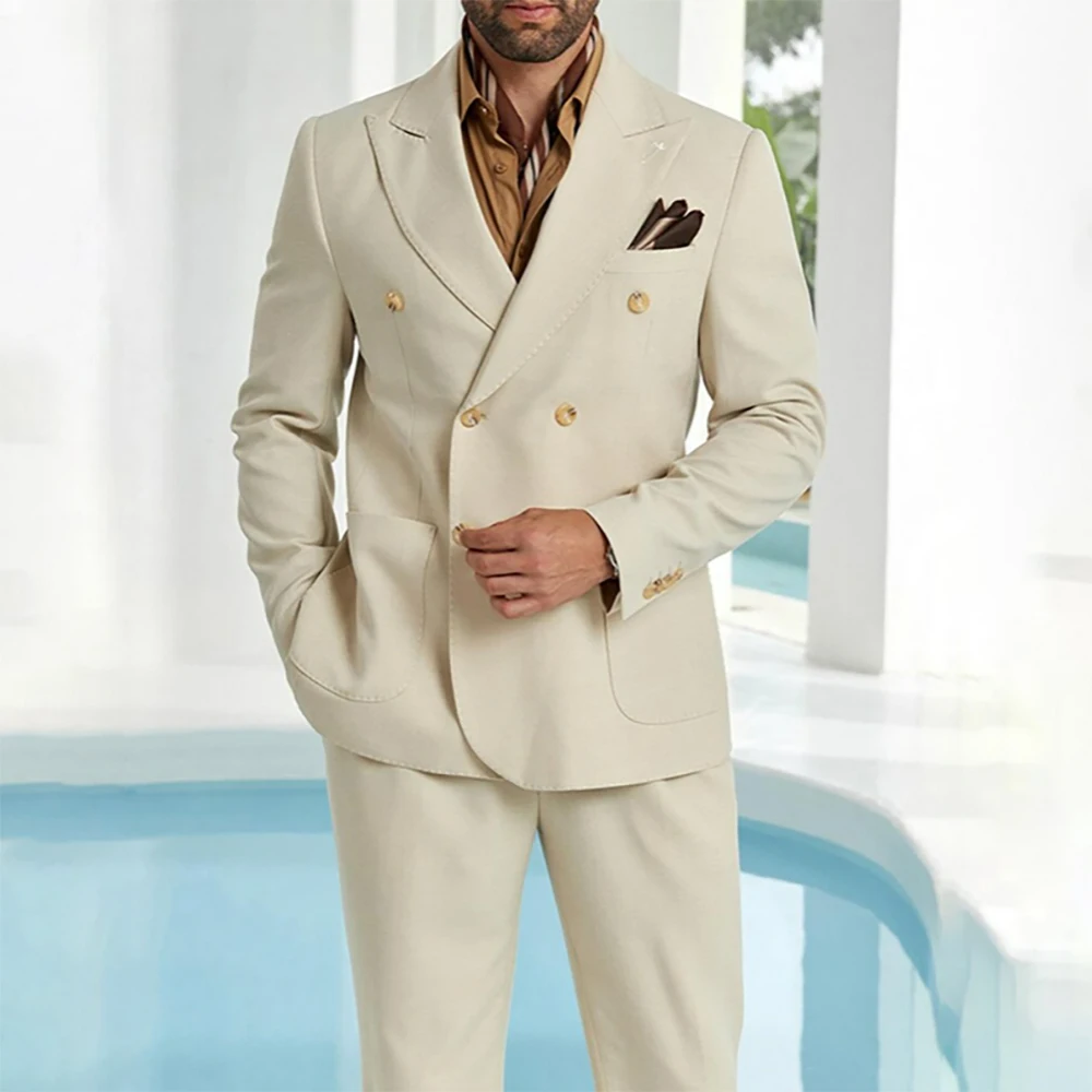 

Formal Men's Suits Male Clothing Solid Color Double Breasted Peak Lapel Slim Fit 2 Piece Jacket Pants Full Sets Business Blazer