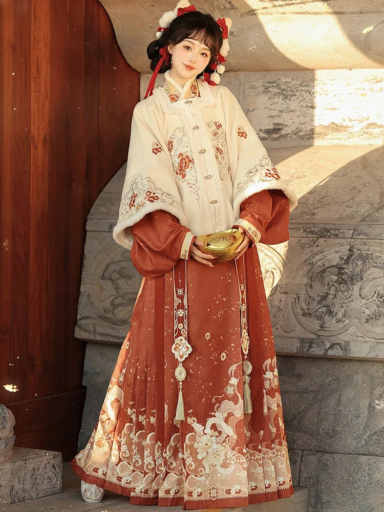 Ming-made Hanfu women's Chinese style winter thickened square collar short jacket horse face skirt ancient dress full set