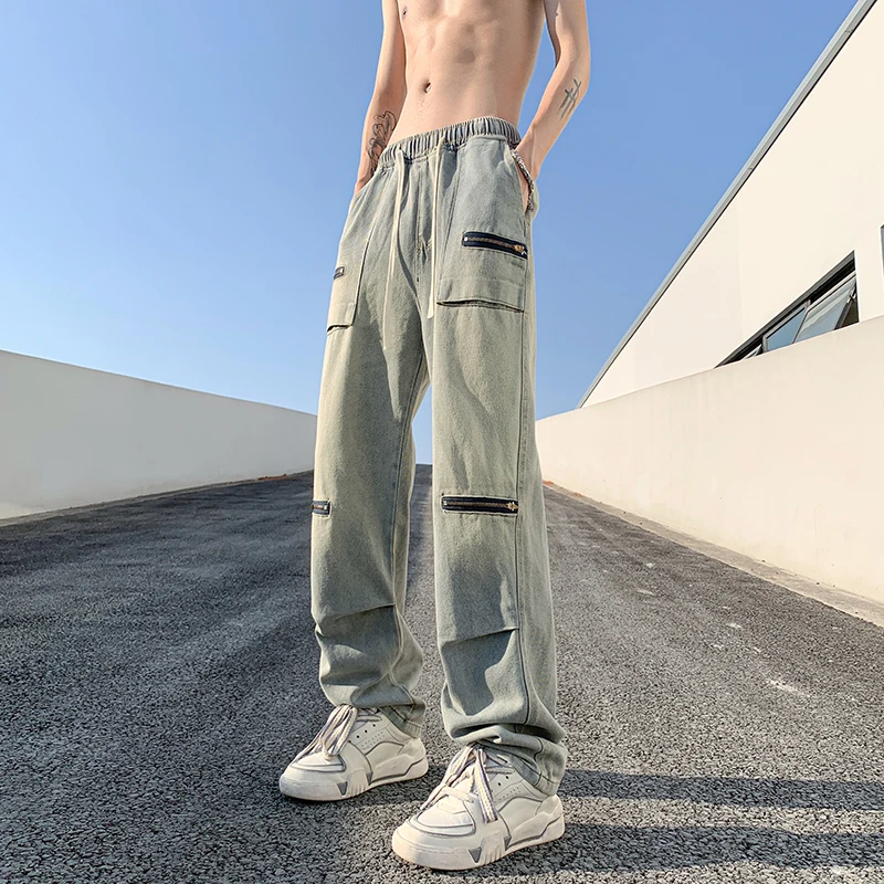 

American Vibe High Street Washed Denim Pants Men's Elastic Waist Straight Leg Wide Leg Pants Oversize Casual Jeans