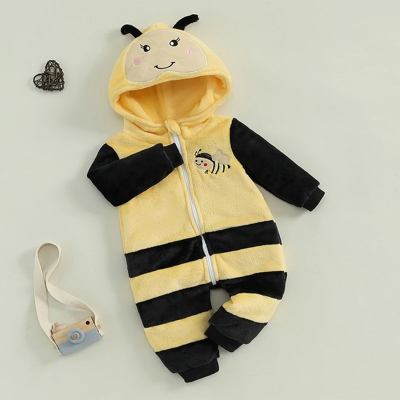 VISgogo Little Girls Boys Hallowee Bee Costume Long Sleeve Hooded Zip Up Jumpsuit Cosplay Costume Plush Fall Winter Clothes