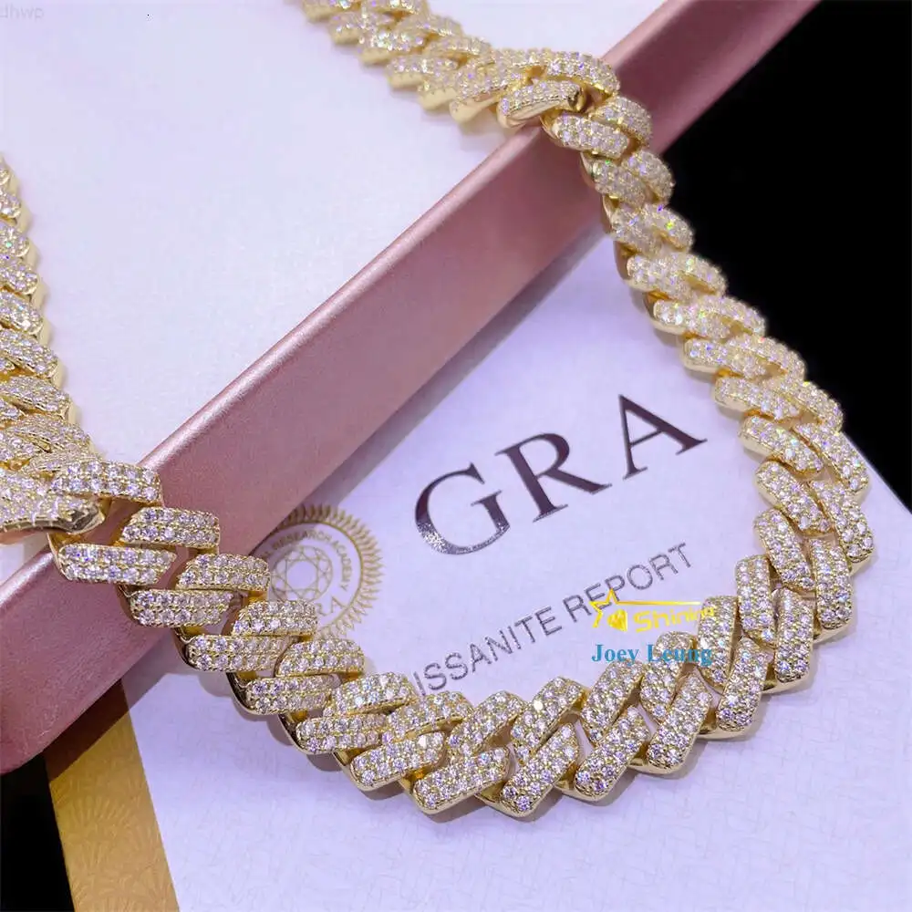 Hip Hop Jewelry Gold Plated 925 Sterling Silver Necklace 14mm Iced Out Moissanite Cuban Link Chain