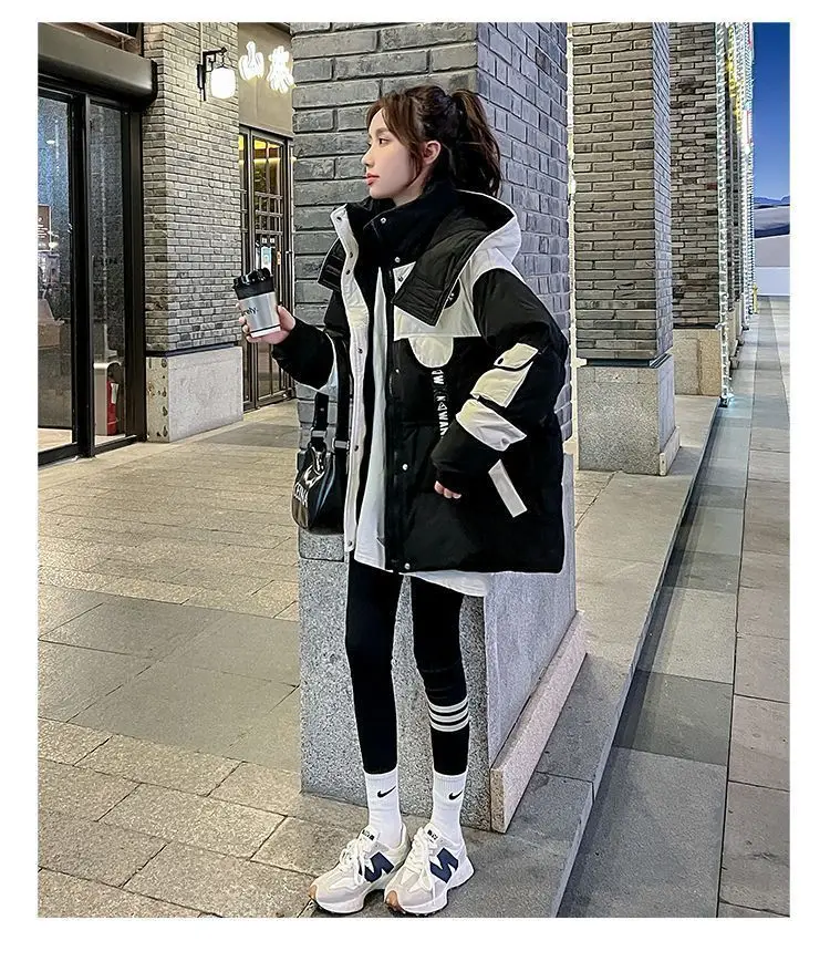Black Medium long Parker Cotton Jacket Women's Winter 2026 New Korean version Loose Down cotton Splicing Hooded Coat Warm Top