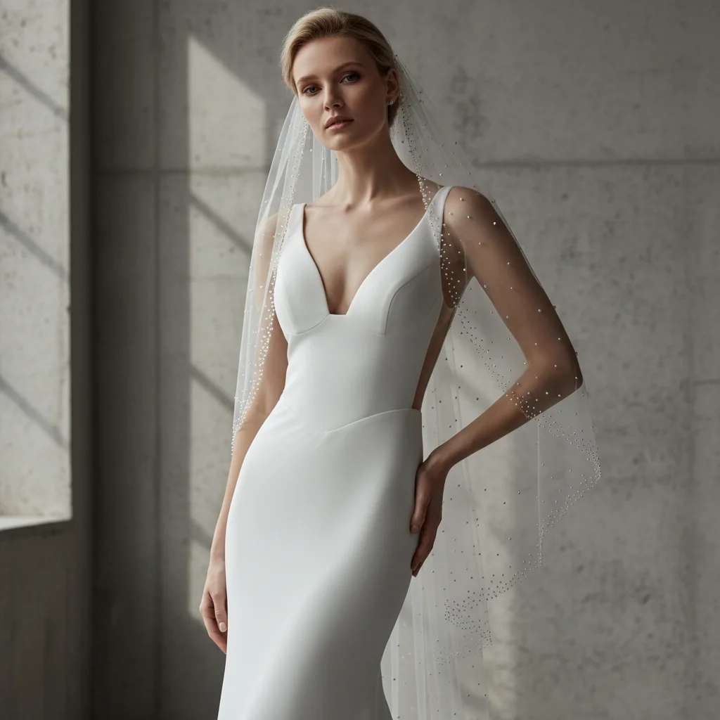 Véu de casamento romântico com bolinhas de pérola, véu de casamento gracioso com design leve e sutil frisado g40