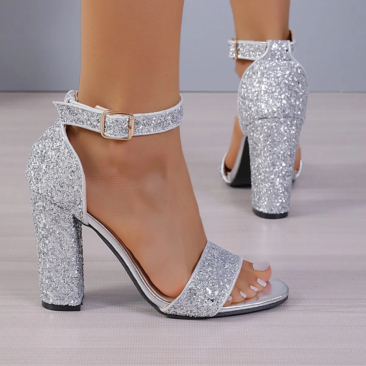 Bling Glitter Thick Heel Women Sandals Fashion Summer Ankle Buckle Wedding High Heels Ladies Open Toe Platform Sexy Party Shoes