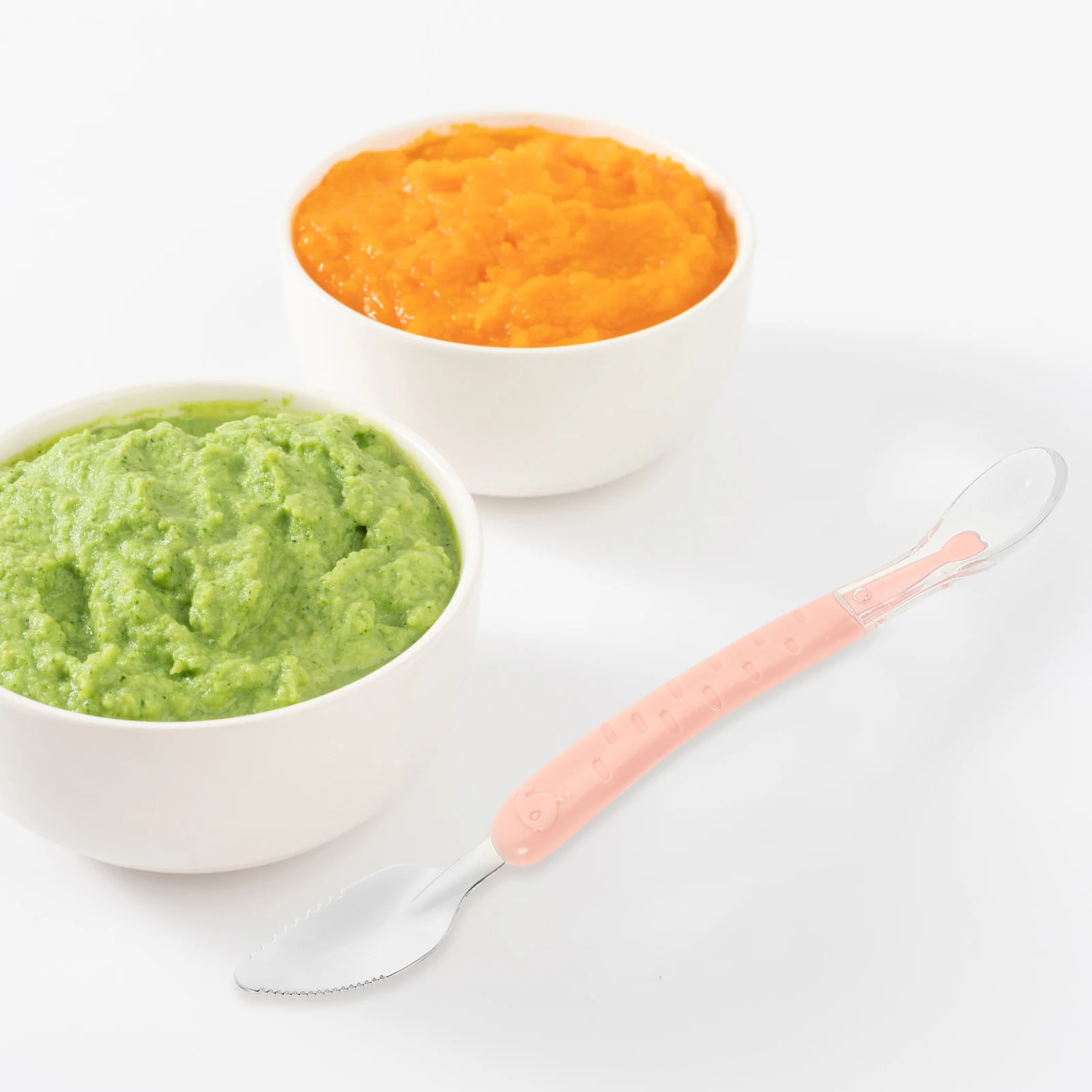 

Double Head Baby Spoon for Fruit Puree Scraping and Feeding Silicone Steel Spoon with Storage Box for Baby Complementary Food