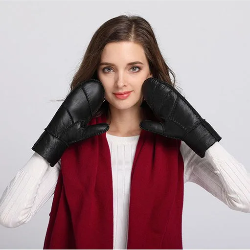 Manoplas de piel auténtica muy cálidas para invierno, guantes de piel de oveja para exteriores para mujer, mitones de Cachemira auténtica para