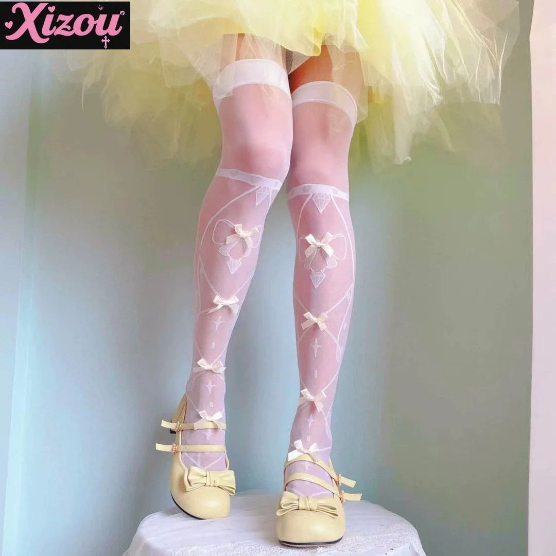 Japanese summer thin lolita knee socks stockings women's lolita socks blue bow thigh socks soft sister