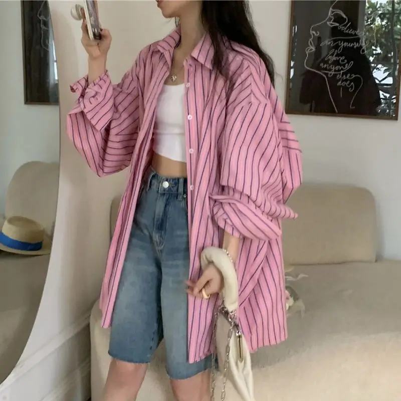 XEJ Vintage Y 2k Pink And Blue Striped Shirt Long Sleeves Tunic Elegant Social Women\'s Oversized shirt Spring Summer Blouse