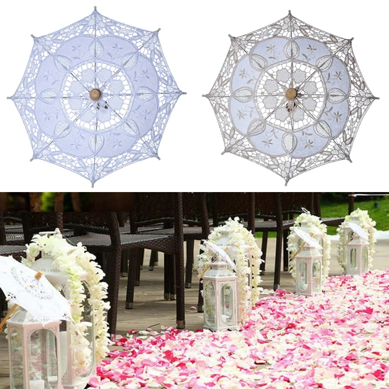 30cm New Embroidery Bridal Umbrella White Beige Wedding Lace Umbrella Cotton Parasol Sun Umbrella For Wedding Decor Photography