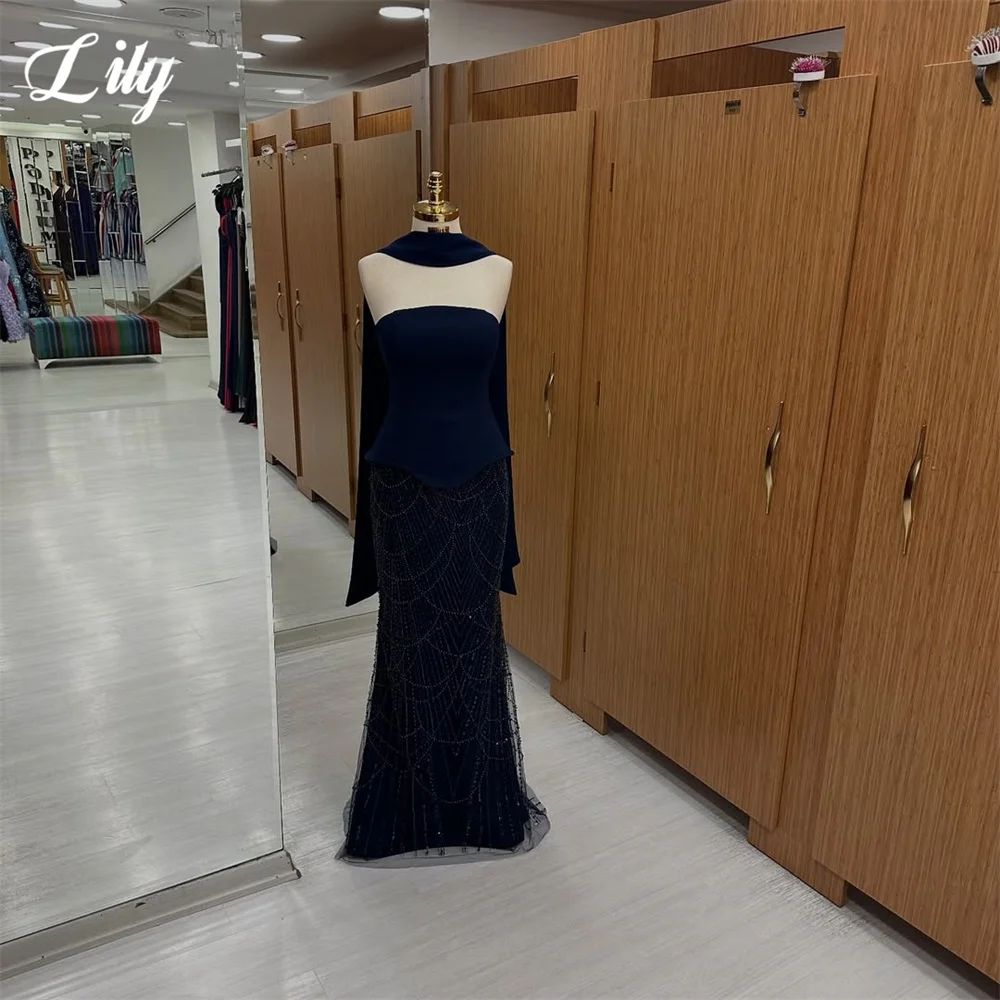 

Lily Navy Blue Party Dresses Strapless with Scarf Evening Dresses Mermaid فساتين السهرة Glitter Sequin Customized