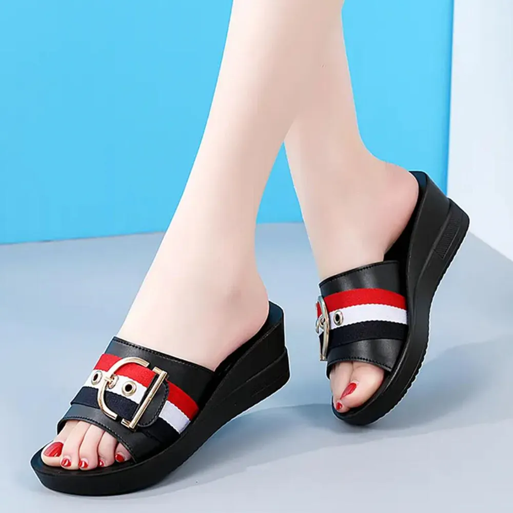 Fashion 5CM High Heel Wedges Sandals For Women 2024Summer Platform Peep Toe Beach Slippers All-match Casual Slip On Shoes Slides