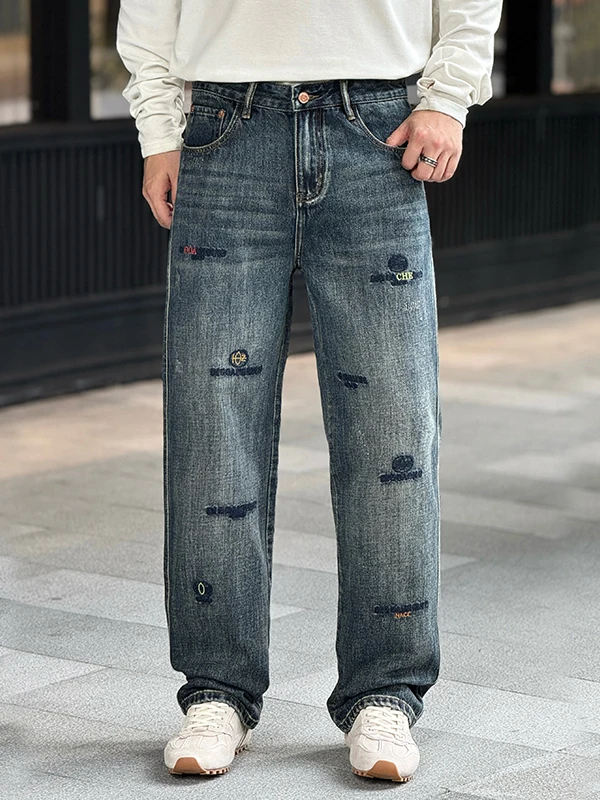 

Retro Waed Embroidered Loose Straight Leg Men's Jeans High Street Sle Casual Versatile Long Trousers for Autumn Winter