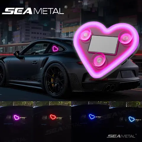 SEAMETAL 하트 모양 자동차 무드등 차량 창문 흡착컵 LED 분위기등 500mAh 태양광/USB-C 충전식 네온 램프