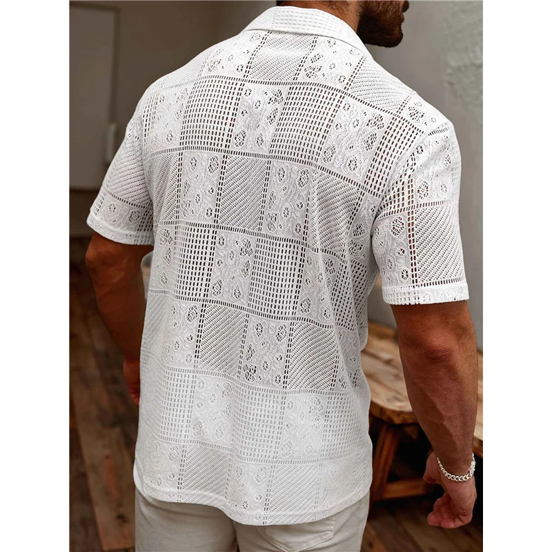 

FX-Мужские вязаные рубашки на пуговицах, винтажная рубашка с коротким рукавом, повседневные летние пляжные рубашки