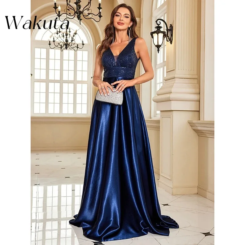 Wakuta-Deep V-neck cetim Prom Robe, mangas, até o chão, A-Line, dama de honra, Wedding Party, Sexy