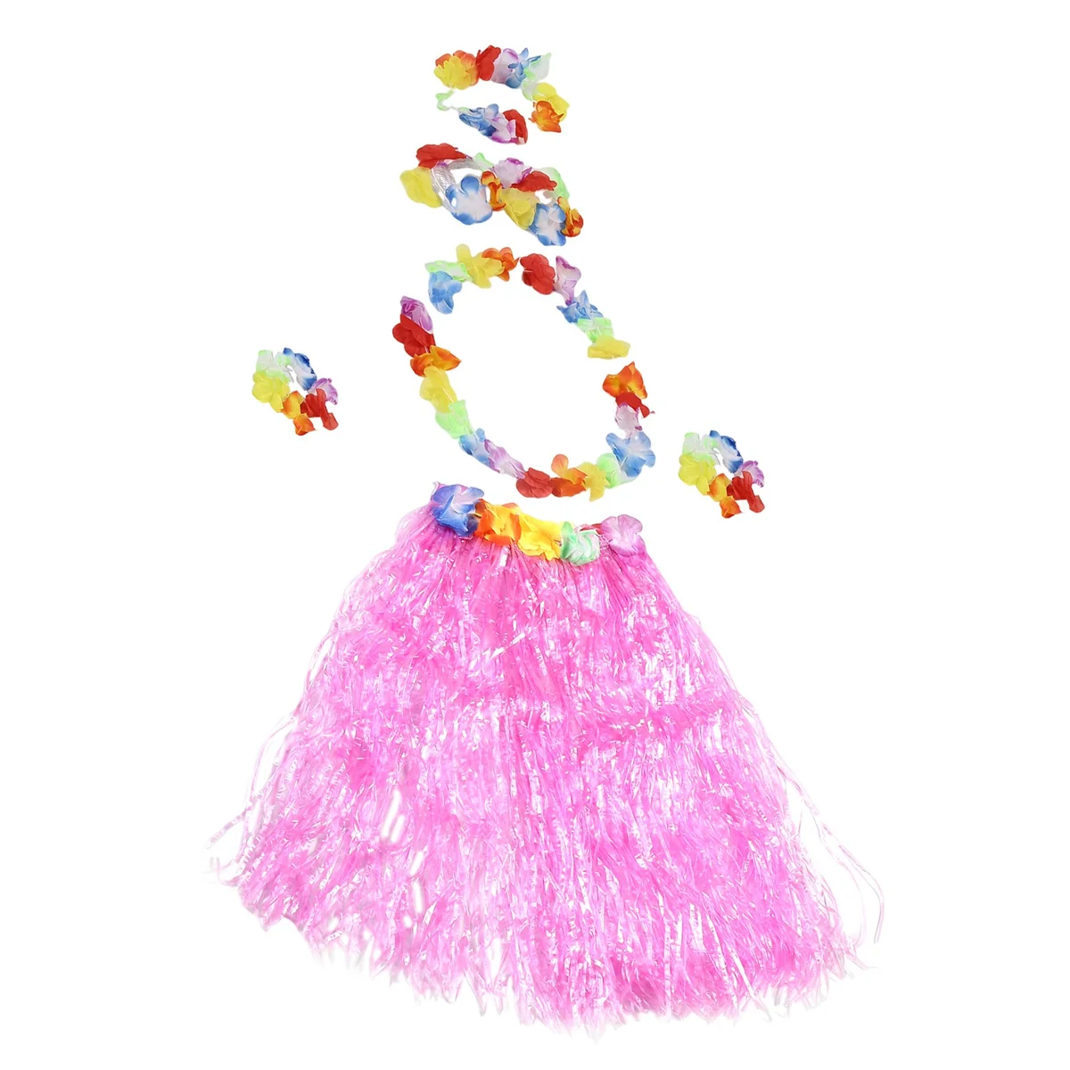 AOAO-6 Set Hawaiian Grass Skirt Flower Hula Lei Wristband Garland Fancy Dress Costume - Pink