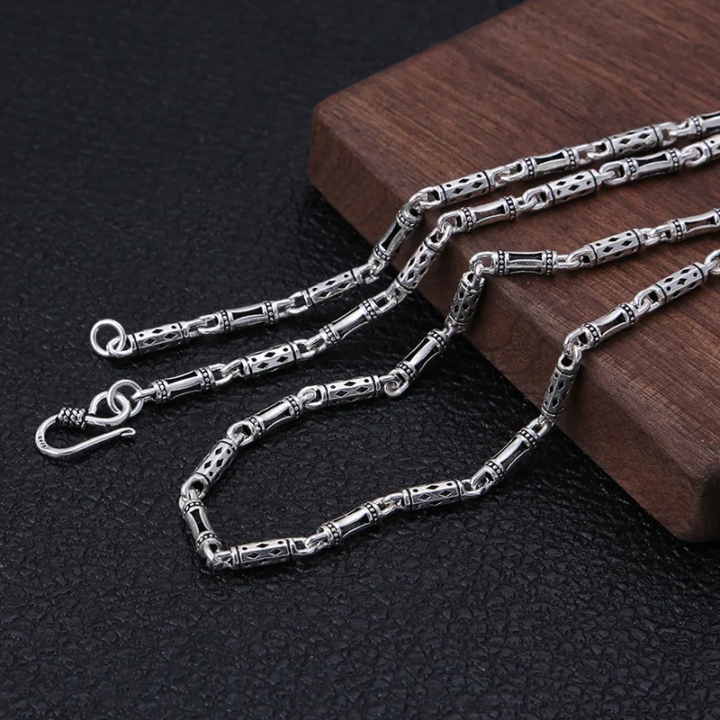 

Pure S925 Sterling Silver Retro Thai Silver Custom Made Handmade Bamboo Bucket Beads Classical Chain Necklace Men Women Jewelry