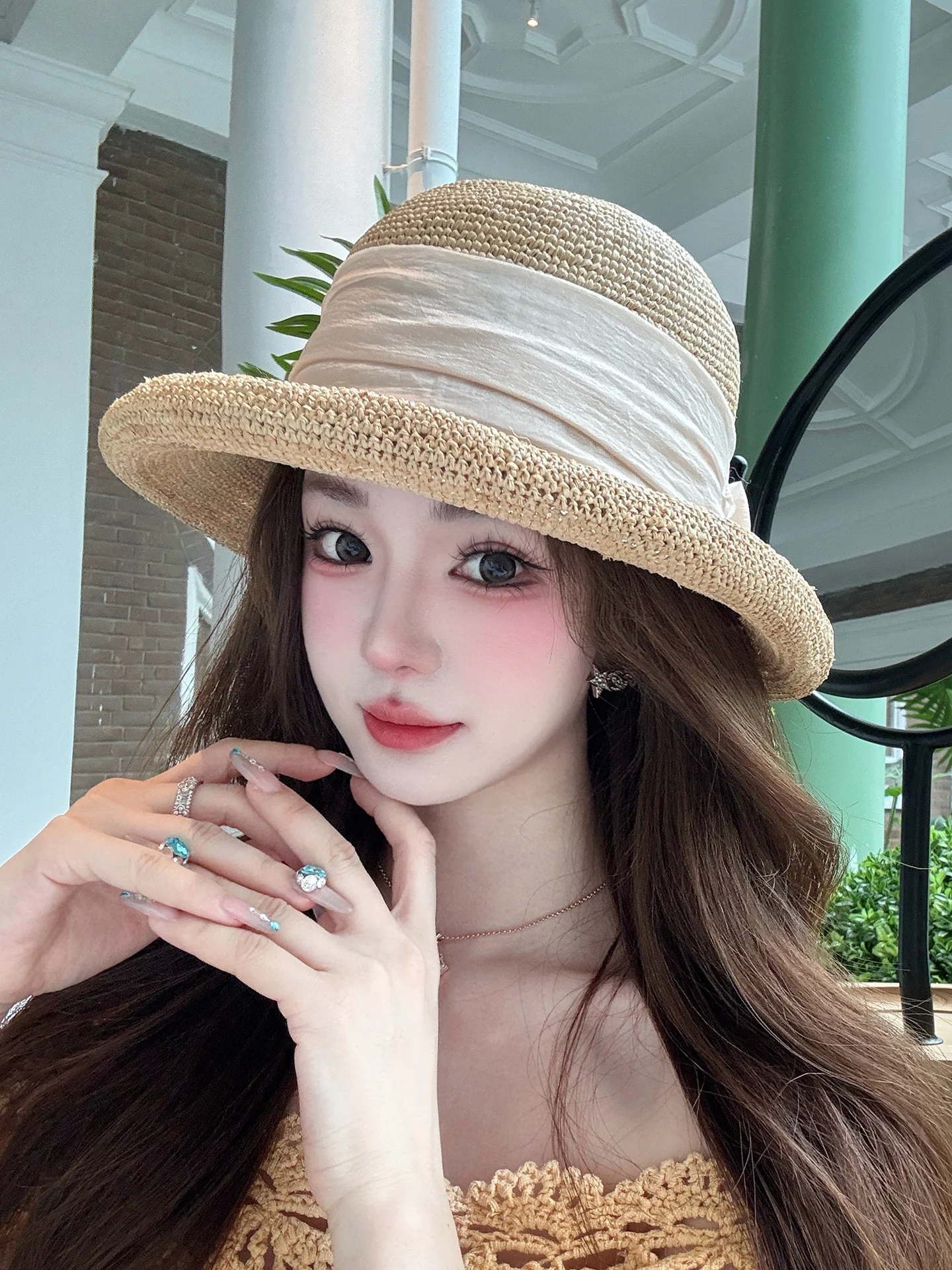 natural-laffey-straw-hat-handmade-roll-sunshade-cap-beach-vacation-face-slimming-knot-hat-for-women