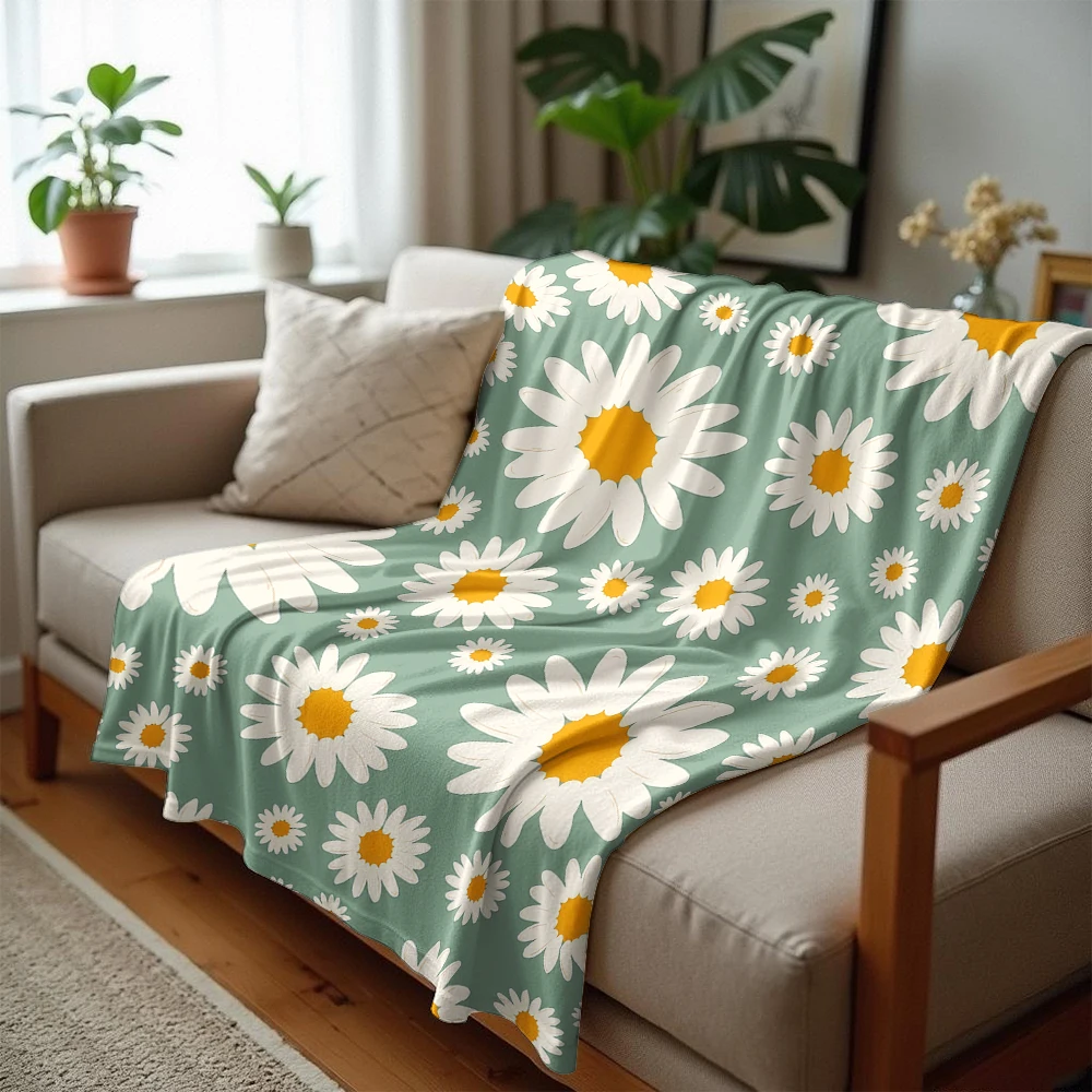 Green Daisy Scatter Lightweight Microfiber Soft Christmas Fleece Blanket Warm Cozy Throw for Bed Sofa Office Travel All Season